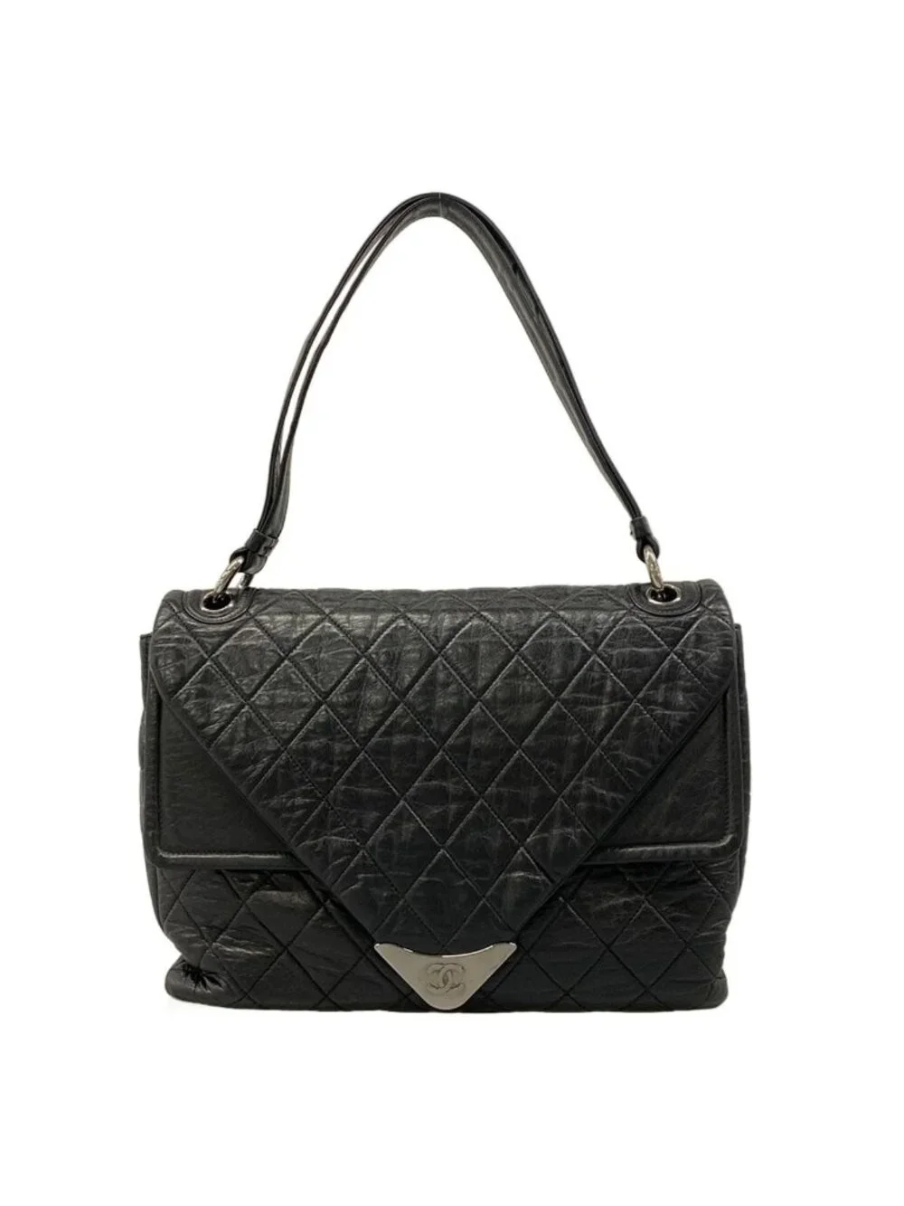 Chanel Shoulder Bag Quilted Black Silver Double Flap Leather